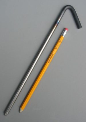 10 inch long hook style unpainted steel tarp stake and pencil for scale