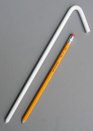 10 inch long steel tarp stake with baked on white enamel painted coating with pencil for scale