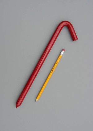 12 inch hook style metal stake in red with a pencil for scale