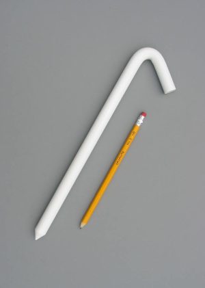 12 inch long hook style stake with a baked on white enamel paint with a pencil for scale