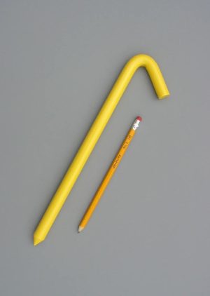 12 inch long hook style stake with a baked on safety yellow enamel paint with a pencil for scale