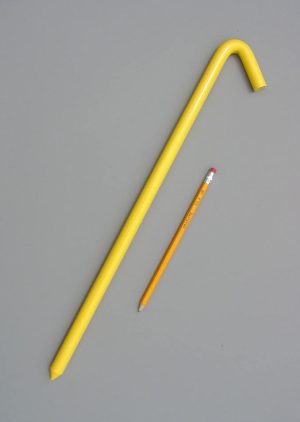 18inch hook style stake coated with a baked on safety yellow enamel paint and a pencil for scale