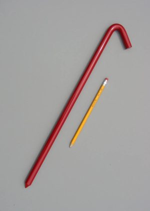 18 inch long hook style stake coated with a baked on bright red enamel paint with a pencil for scale