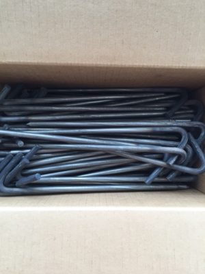 Top down view of open box with unpainted 10" tarp stakes inside