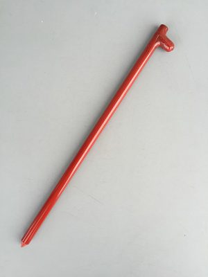 18 inch military stake forged from 1040 steel then coated with an industrial baked on red enamel paint.