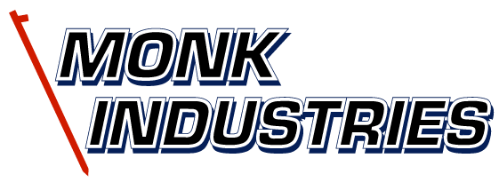 Monk Industries logo with text and a red tent stake